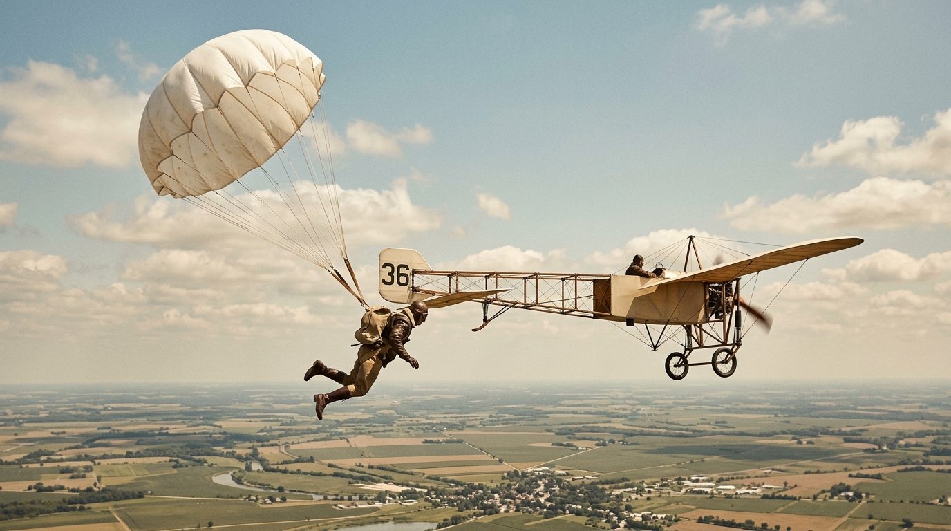 Illustration historique d'un pionnier de l'aviation sautant en parachute depuis un monoplan Blériot