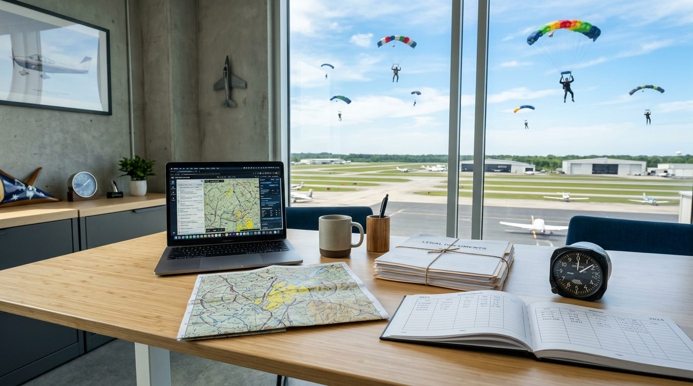 Bureau aéronautique avec documents officiels, carnet de saut et altimètre symbolisant le cadre réglementaire du parachutisme.