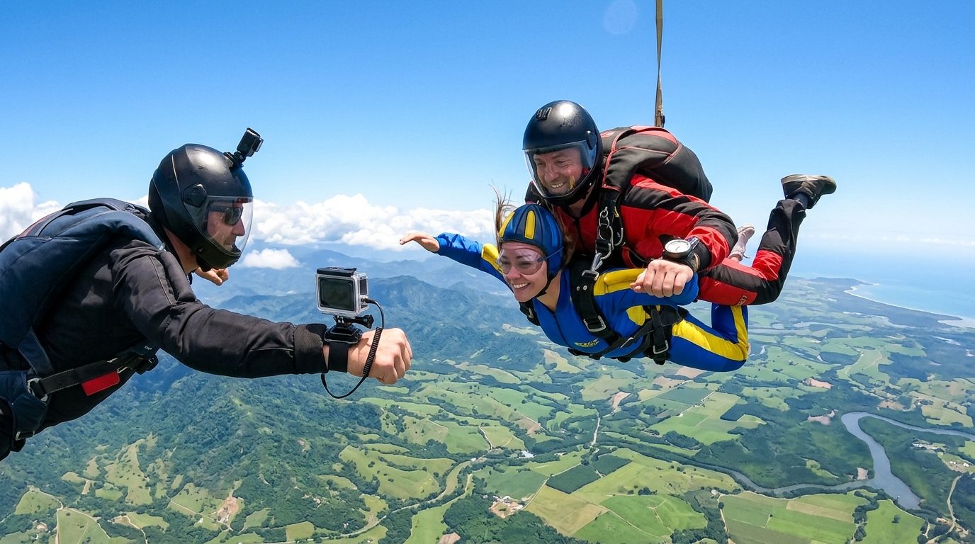 Saut en parachute tandem en pleine chute libre avec caméra capturant l'instant
