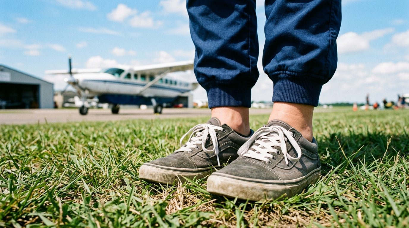 Baskets confortables et bien lacées adaptées pour un saut en parachute sur un aérodrome